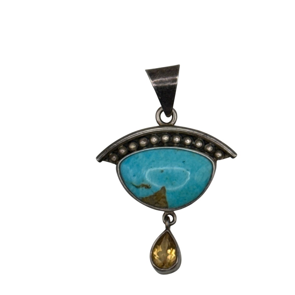 Pendant Blue Turquoise Citrine 950 Silver Signed Southwest Artisan Statement